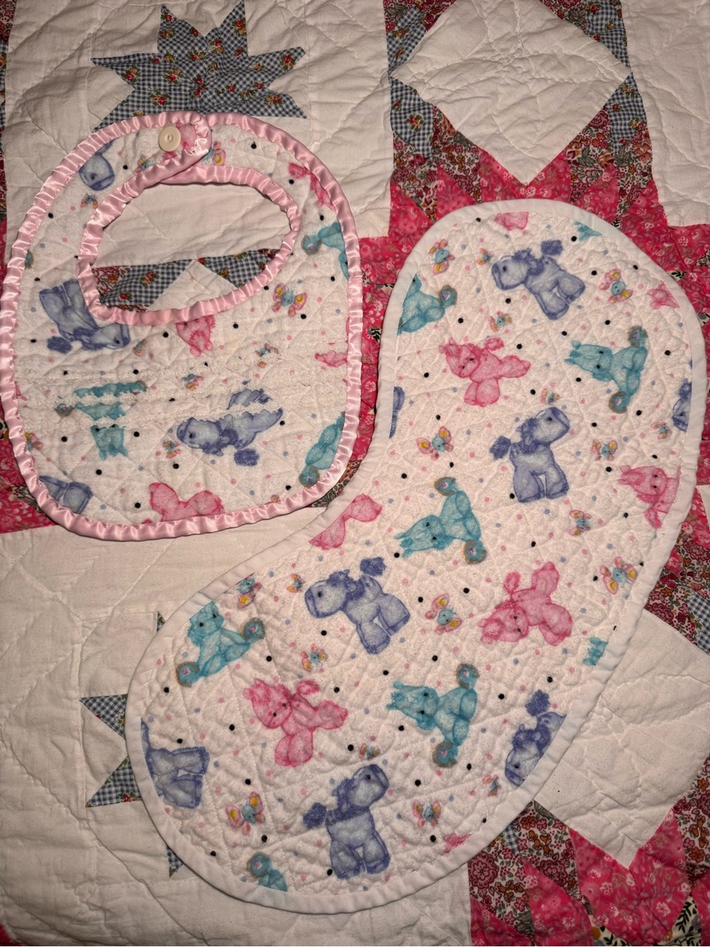 Handmade Baby Bib and Burp Cloth Set - Pink, Blue, Teal Pony Print